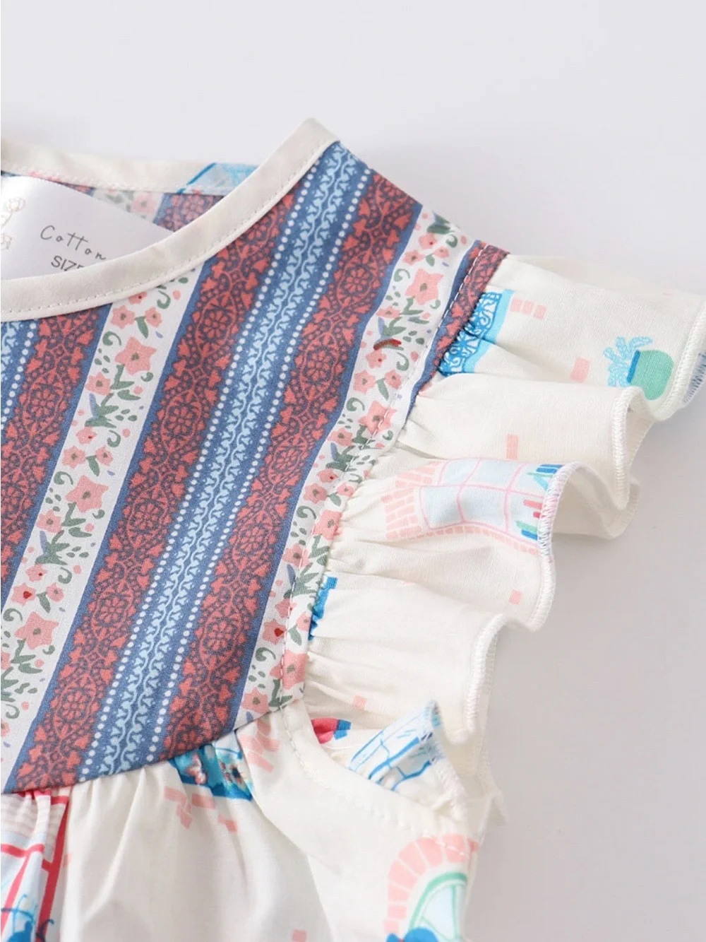 NWT Cream Print Ruffle-Yoke Kids Dress with Green Trim